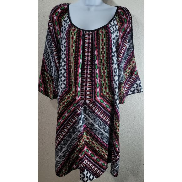 Gibson & Latimer Black Pink Geo Print Retro Cold Shoulder Shift Dress Small Soft - Picture 1 of 7
